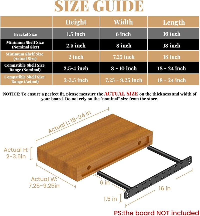 Craftersmark 2pcs Floating Shelf Hardware Heavy Duty Hidden Shelf Brackets Support,Wall Mounting Invisible Floating Shelves Bracket with Jig (16" x 6" x 1.5" with Tools) - Image 2